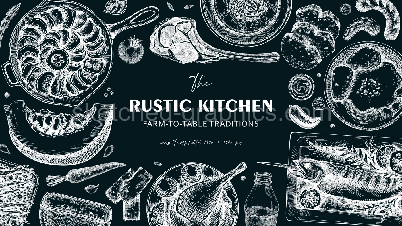 Farmhouse food background. Hand drawn vector illustrations. Rustic kitchen chalk drawings. Family dinner banner design. NOT AI generated. Illustration